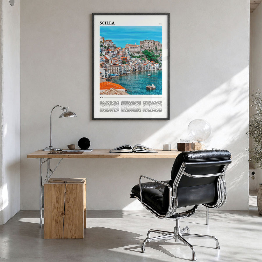 Scilla Travel Poster in a black wood frame, hanging in a bright home office