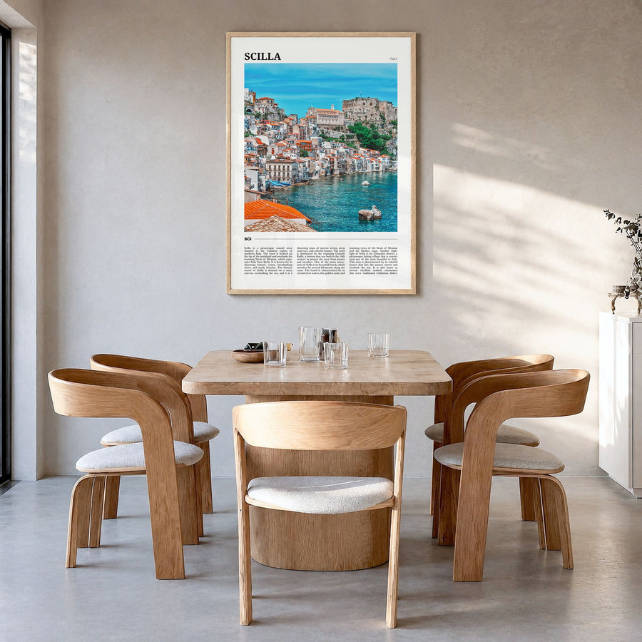 Scilla Travel Poster in a natural wood frame, hanging in a dining room