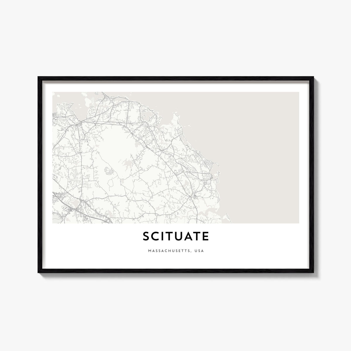 Scituate black & white map poster of Massachusetts, USA – horizontal wall art, unframed print shown in interior mockup