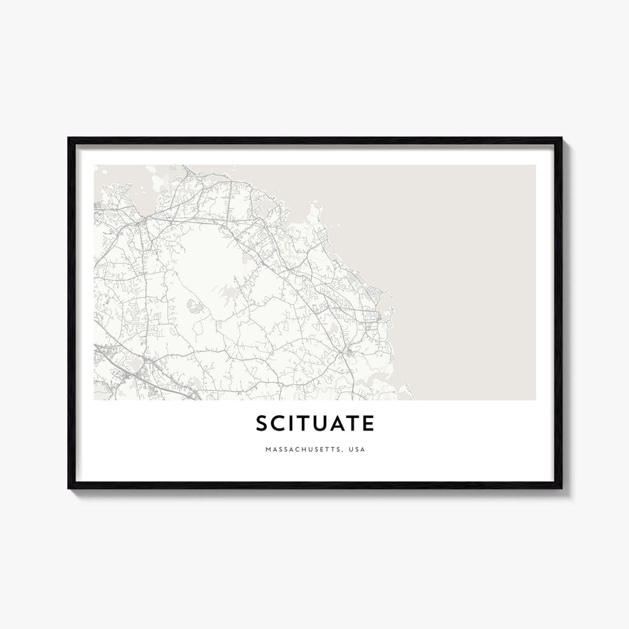 Scituate black & white map poster of Massachusetts, USA – horizontal wall art, unframed print shown in interior mockup
