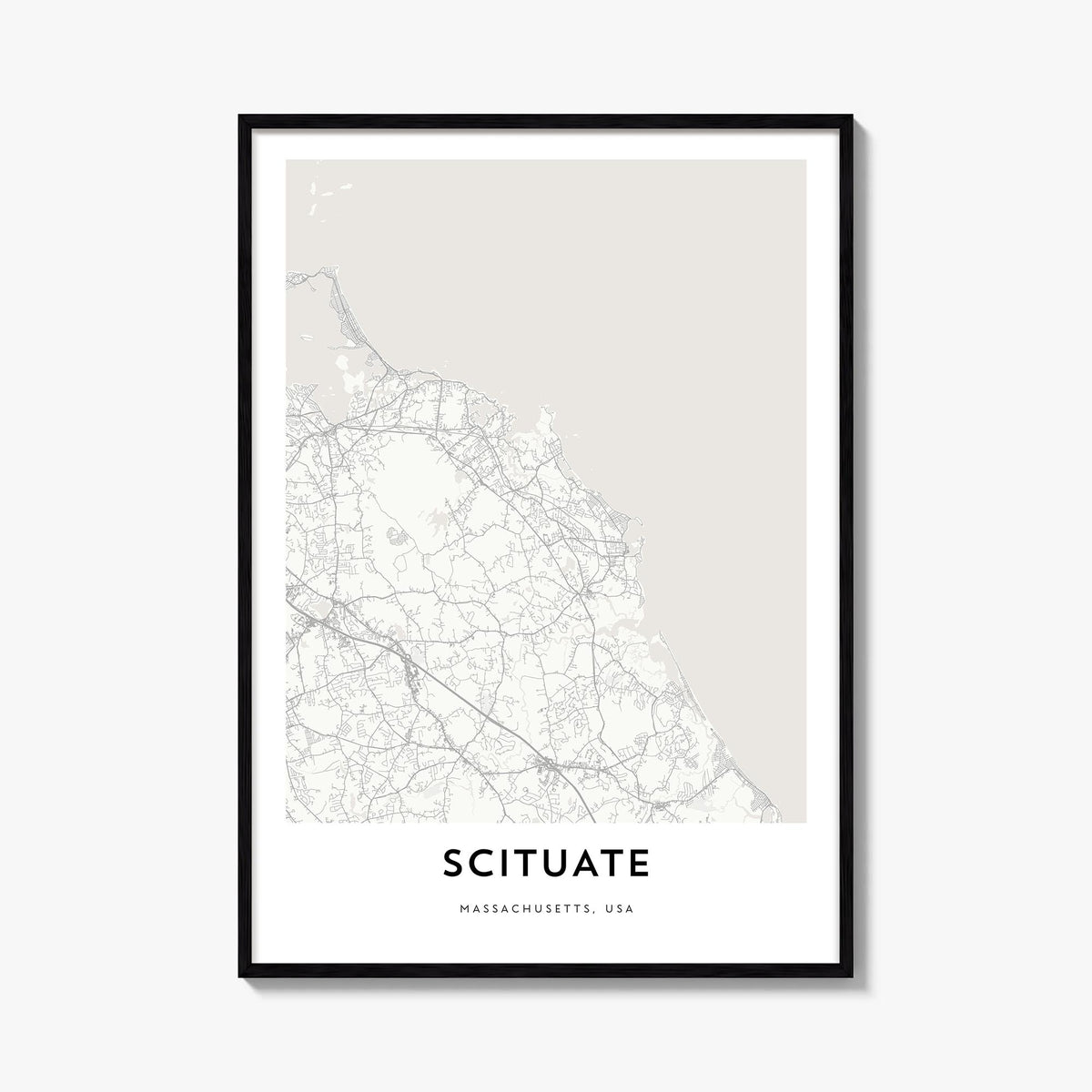 Scituate black & white map poster of Massachusetts, USA – vertical wall art, unframed print shown in interior mockup