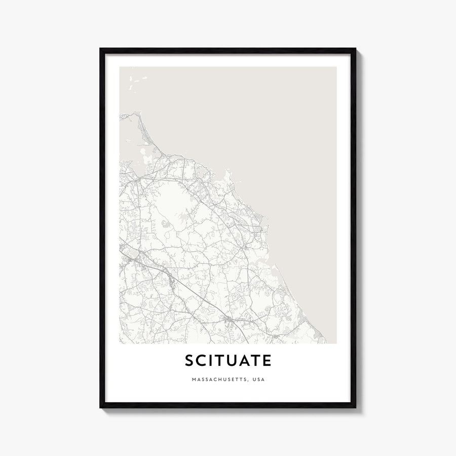 Scituate black & white map poster of Massachusetts, USA – vertical wall art, unframed print shown in interior mockup