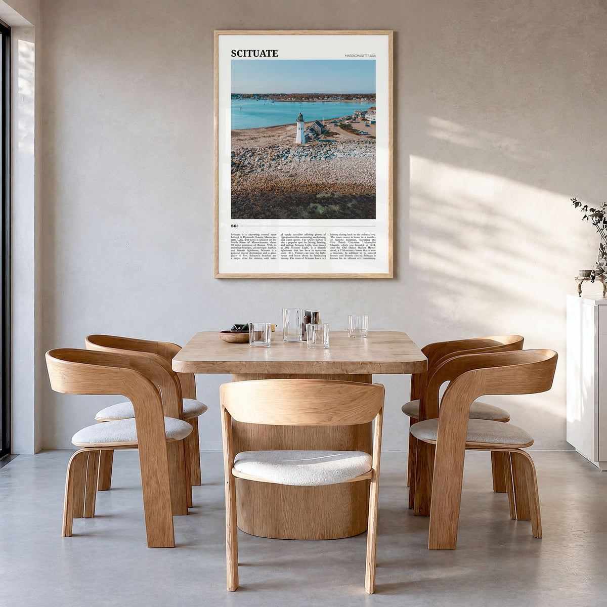 Scituate Travel Poster in a natural wood frame, hanging in a dining room