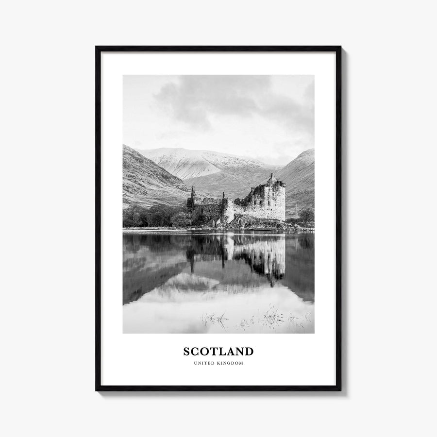 Scotland black & white classic poster of United Kingdom – vertical wall art, unframed print shown in interior mockup