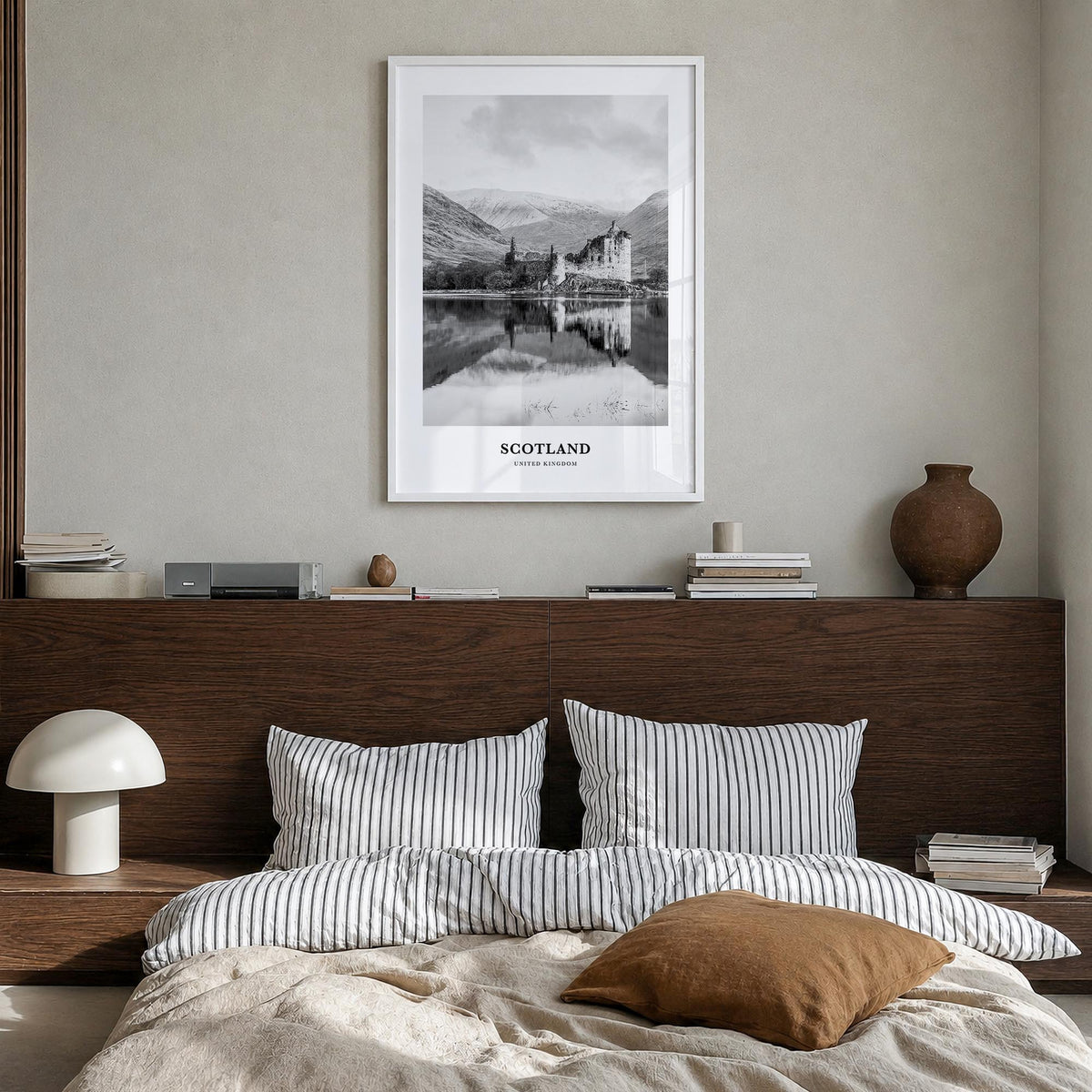 Scotland black & white classic poster of United Kingdom – vertical wall art in white wood frame, hanging on wall