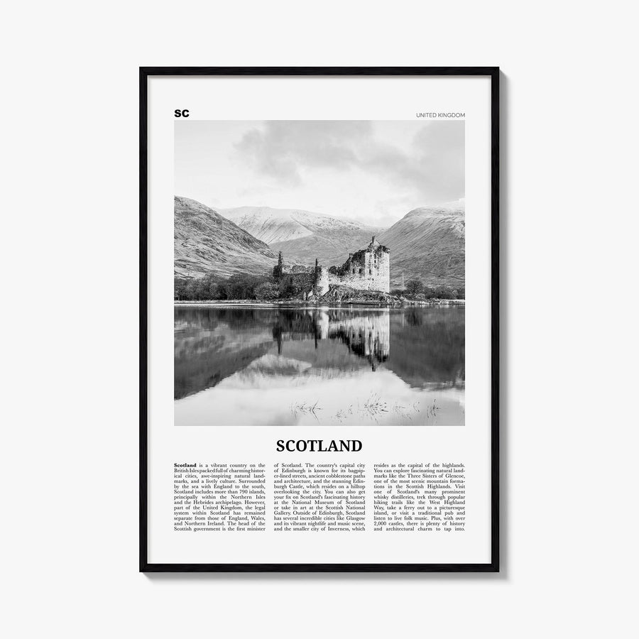 Scotland black & white newspaper poster of United Kingdom – vertical wall art, unframed print shown in interior mockup