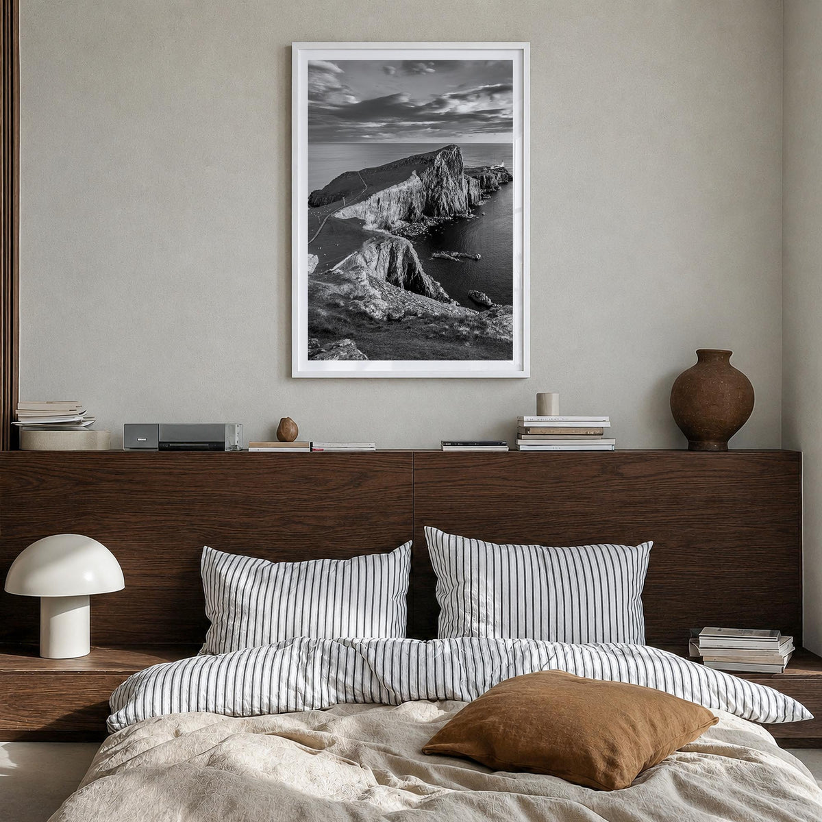 Scotland black & white photo poster of United Kingdom – vertical wall art in white wood frame with white border, hanging on w