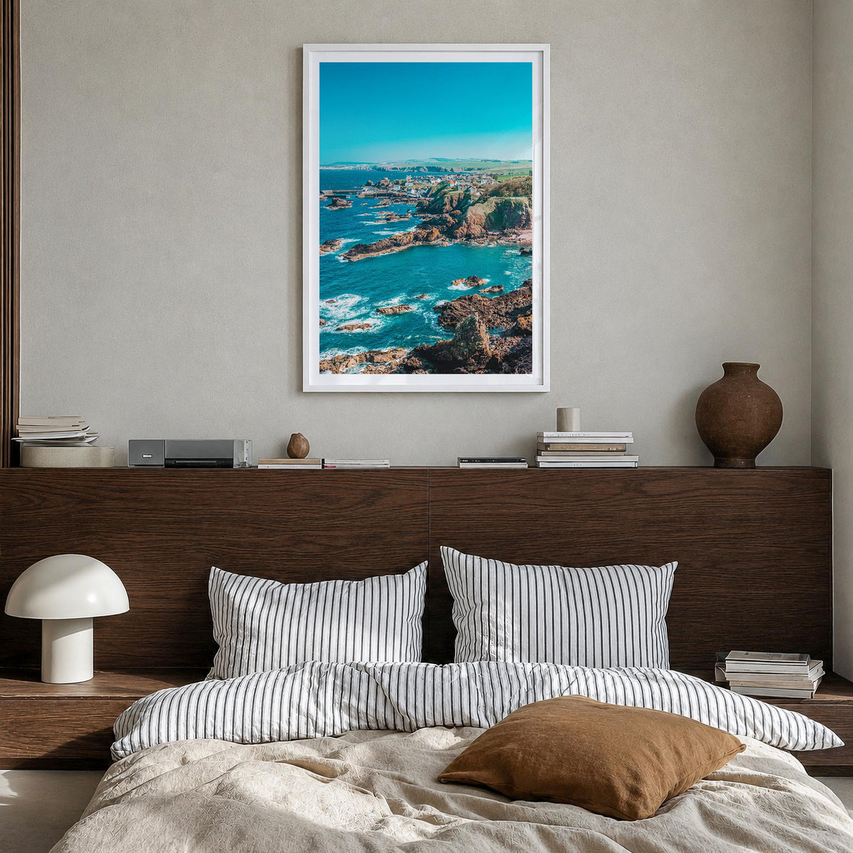 Scotland colorful photo poster of United Kingdom – vertical wall art in white wood frame with white border, hanging on wall