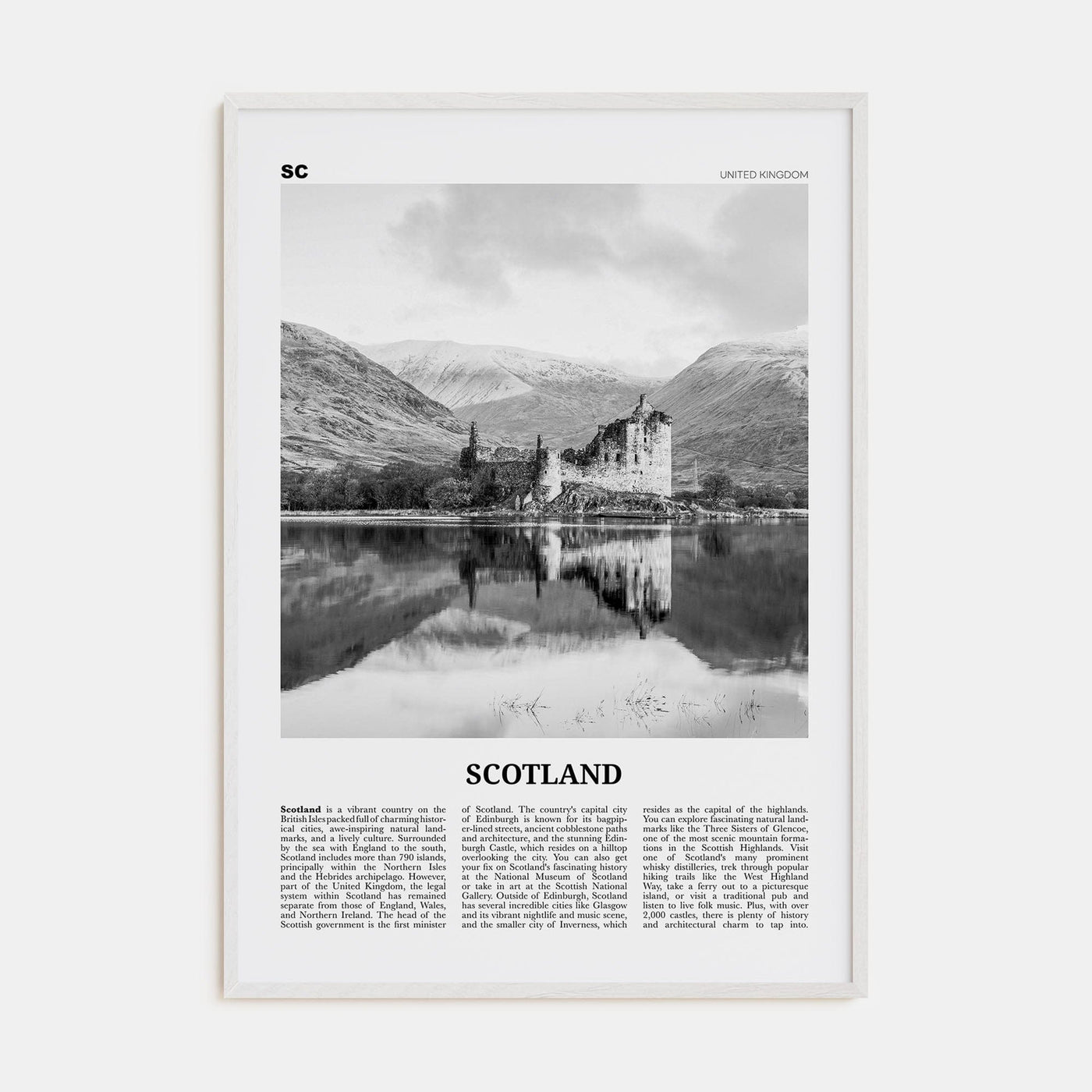 Scotland Poster White Wood / 8x12 in Nbourhood Travel B&W Poster