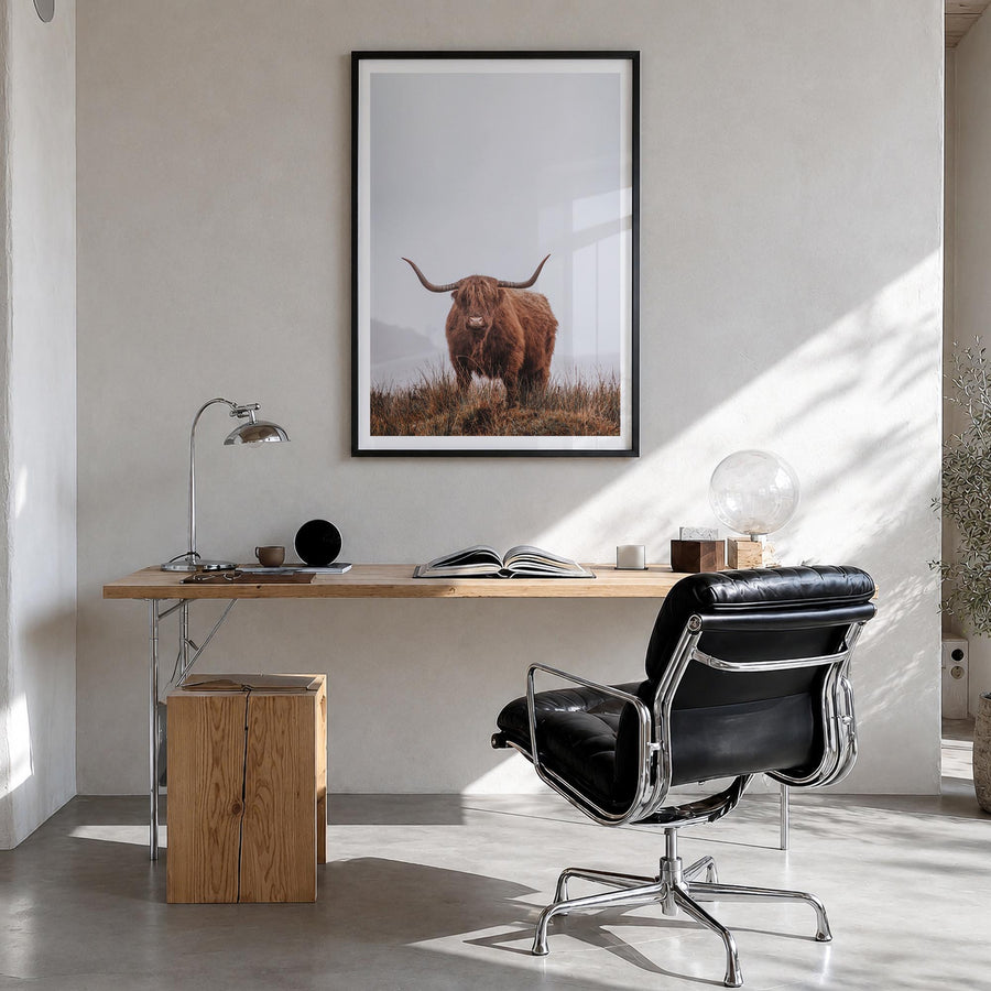 Scottish Highlander no. 1 colorful photo poster – vertical wall art in black wood frame with white border, hanging on wall