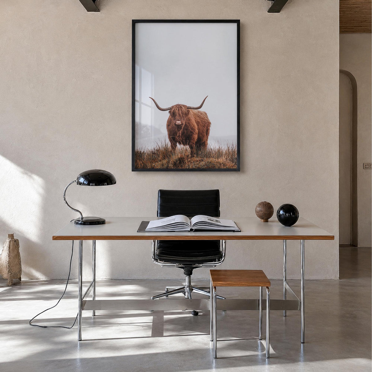 Scottish Highlander no. 1 colorful photo poster – vertical wall art in black wood frame, hanging on wall