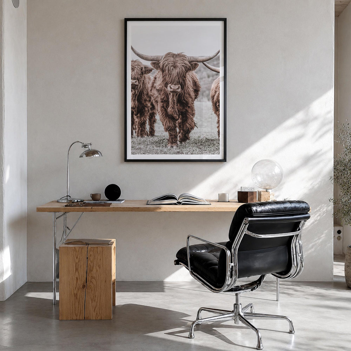 Scottish Highlander no. 2 colorful photo poster – vertical wall art in black wood frame with white border, hanging on wall