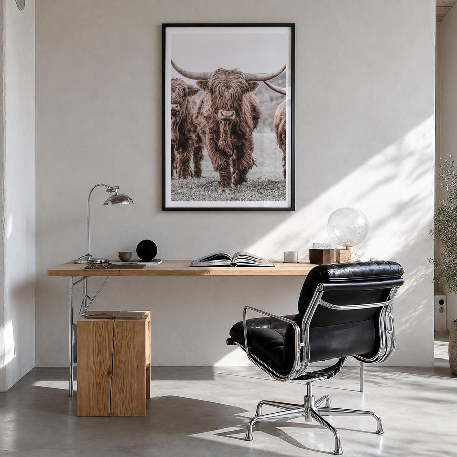Scottish Highlander no. 2 colorful photo poster – vertical wall art in black wood frame with white border, hanging on wall