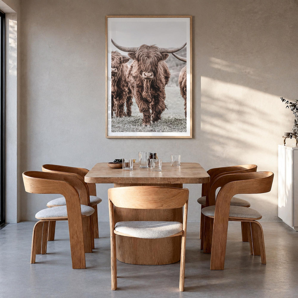 Scottish Highlander no. 2 colorful photo poster – vertical wall art in natural wood frame with white border, hanging on wall