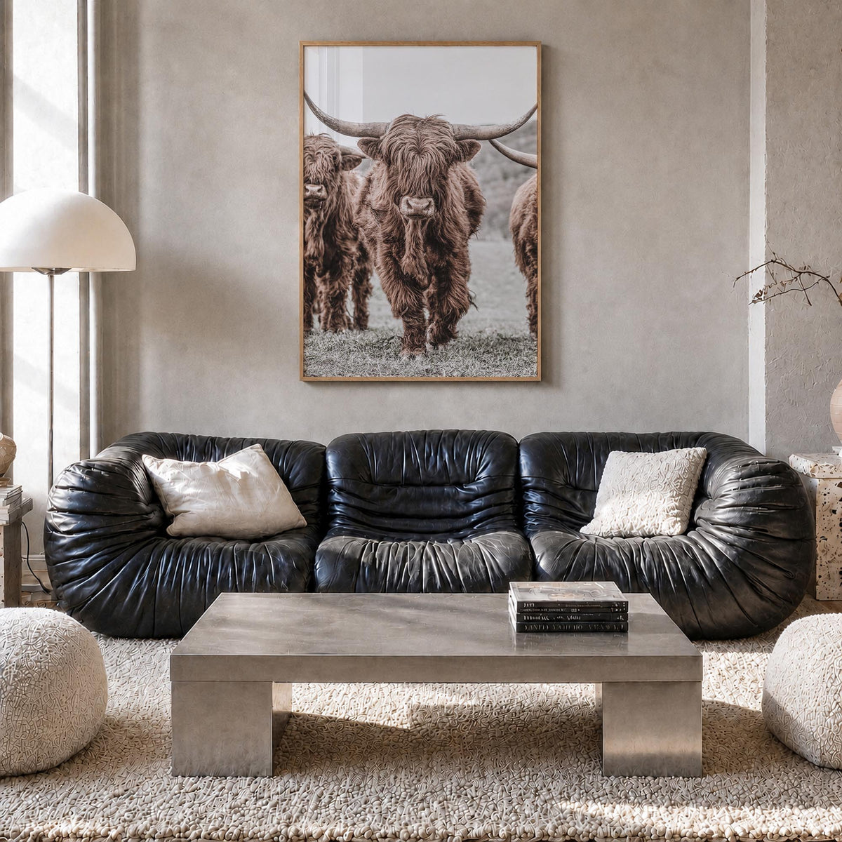 Scottish Highlander no. 2 colorful photo poster – vertical wall art in natural wood frame, hanging on wall
