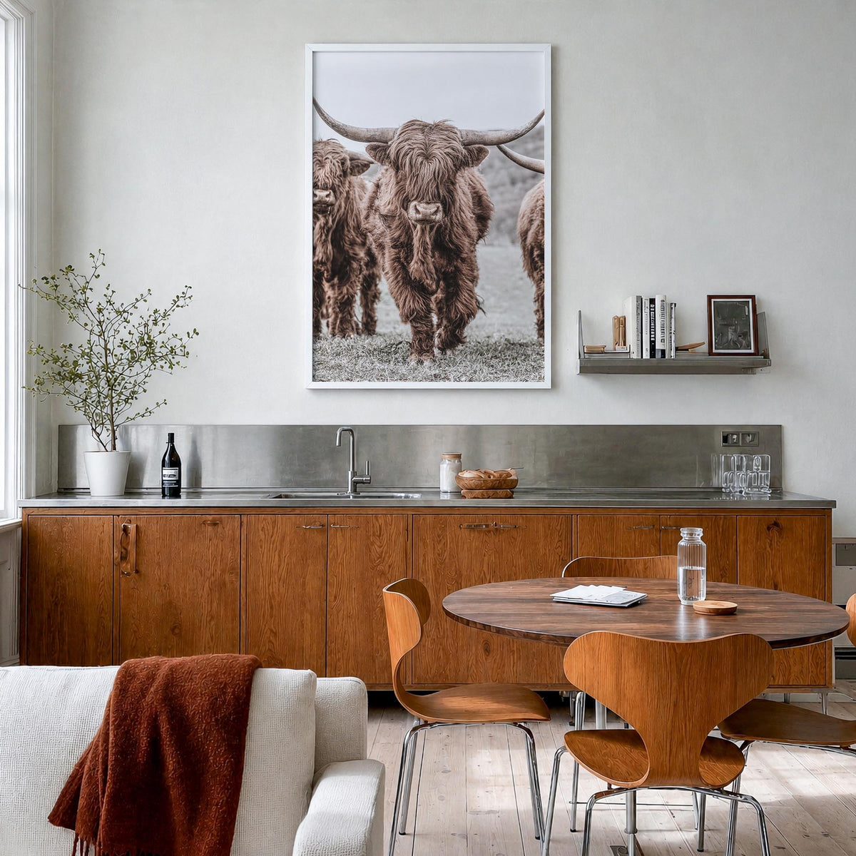 Scottish Highlander no. 2 colorful photo poster – vertical wall art in white wood frame, hanging on wall