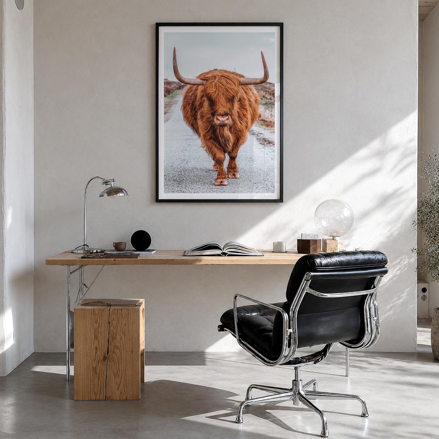 Scottish Highlander no. 3 colorful photo poster – vertical wall art in black wood frame with white border, hanging on wall