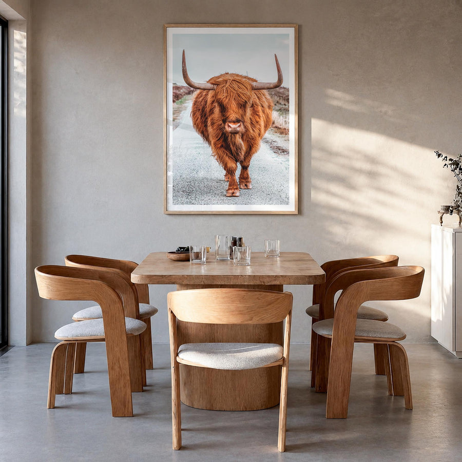 Scottish Highlander no. 3 colorful photo poster – vertical wall art in natural wood frame with white border, hanging on wall