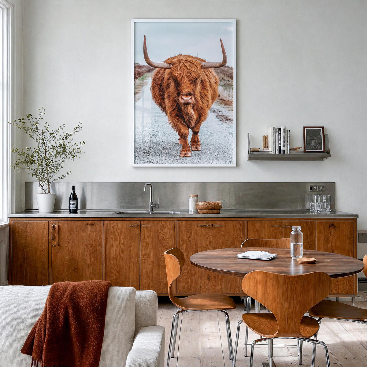 Scottish Highlander no. 3 colorful photo poster – vertical wall art in white wood frame, hanging on wall