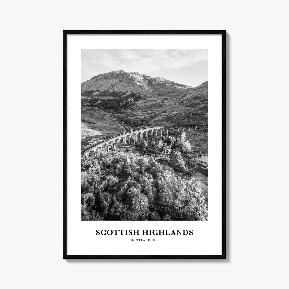 Scottish Highlands black & white classic poster of United Kingdom – vertical wall art, unframed print shown in interior mocku
