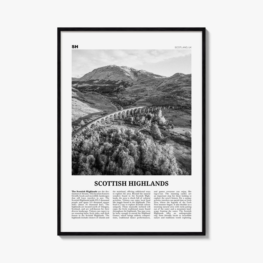 Scottish Highlands black & white newspaper poster of United Kingdom – vertical wall art, unframed print shown in interior moc