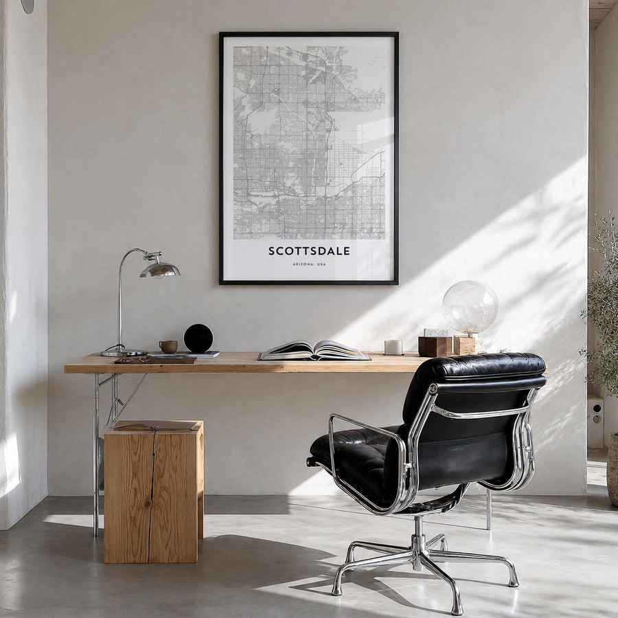 Scottsdale black & white map poster of Arizona, USA – vertical wall art in black wood frame, hanging on wall
