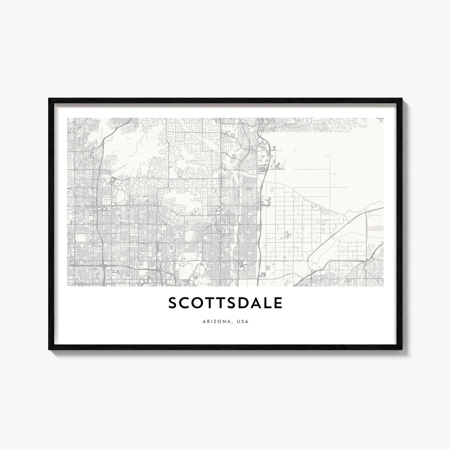 Scottsdale black & white map poster of Arizona, USA – horizontal wall art, unframed print shown in interior mockup