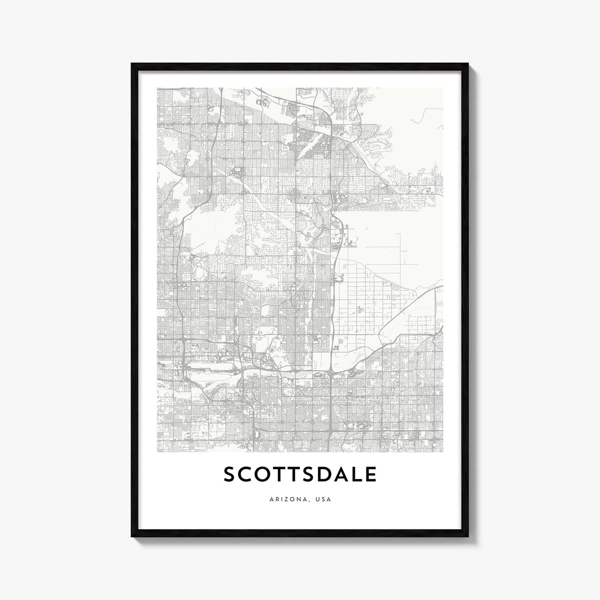 Scottsdale black & white map poster of Arizona, USA – vertical wall art, unframed print shown in interior mockup
