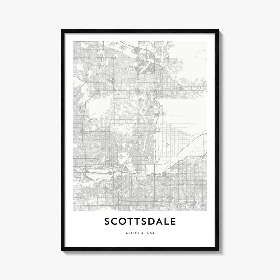 Scottsdale black & white map poster of Arizona, USA – vertical wall art, unframed print shown in interior mockup
