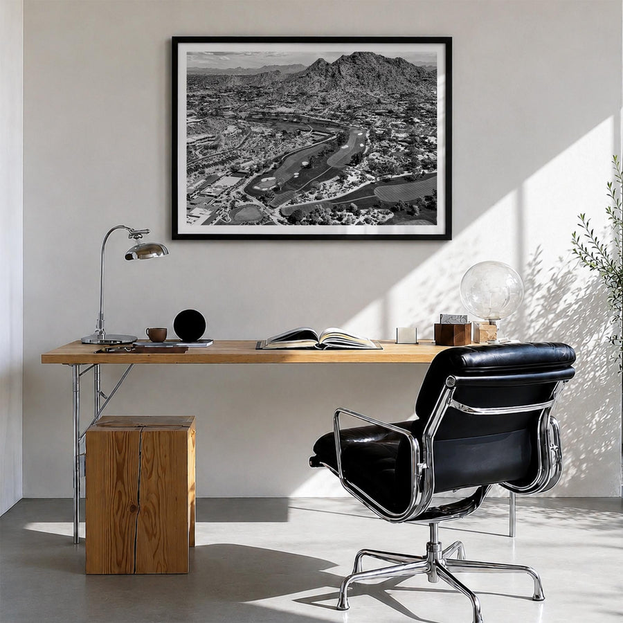 Scottsdale black & white photo poster of Arizona, USA – horizontal wall art in black wood frame with white border, hanging on