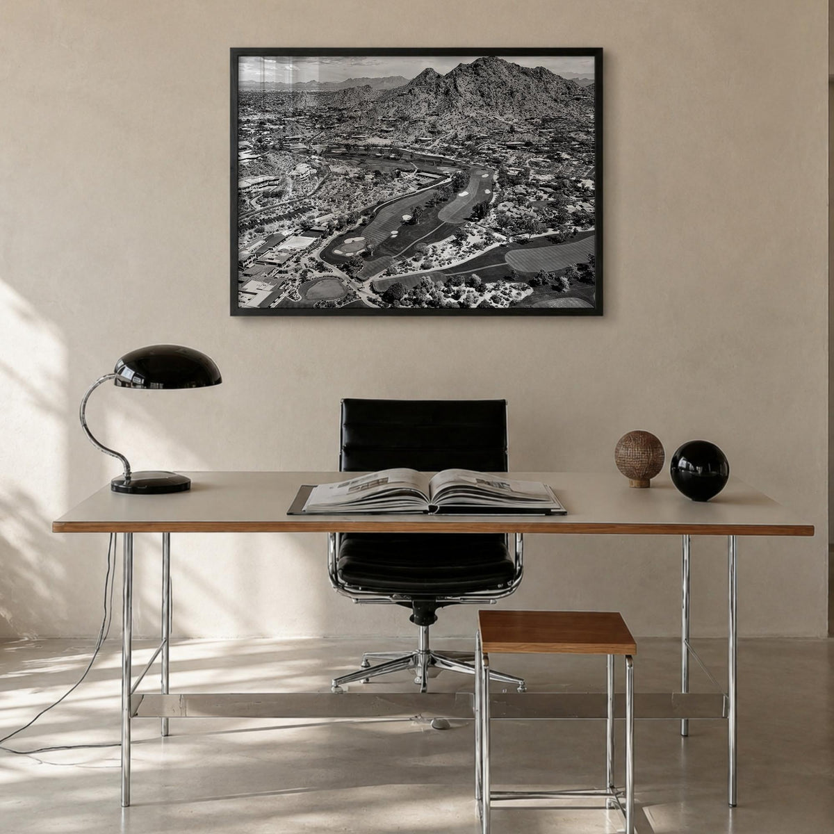 Scottsdale black & white photo poster of Arizona, USA – horizontal wall art in black wood frame, hanging on wall