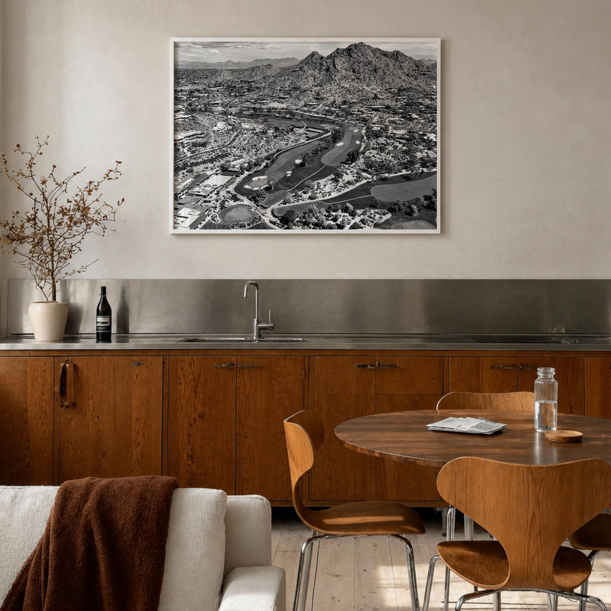 Scottsdale black & white photo poster of Arizona, USA – horizontal wall art in white wood frame, hanging on wall