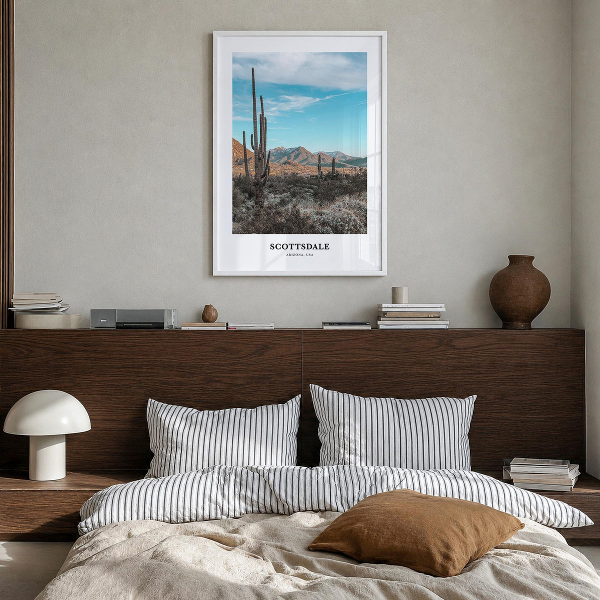 Scottsdale colorful classic poster of Arizona, USA – vertical wall art in white wood frame, hanging on wall