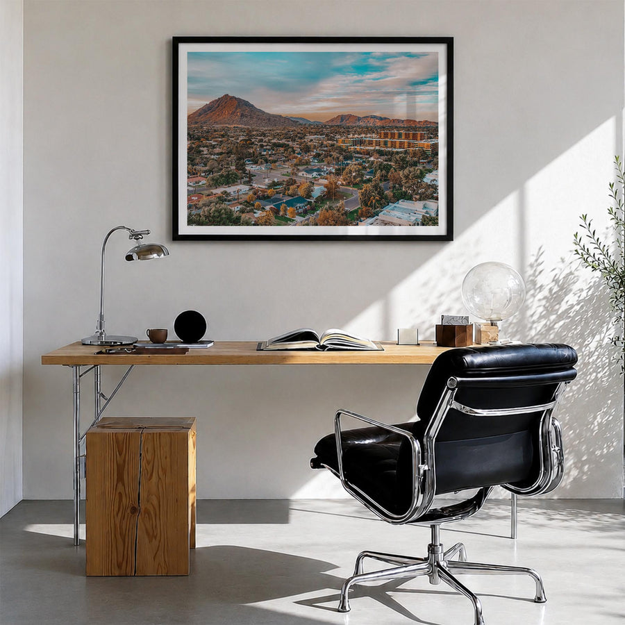 Scottsdale colorful photo poster of Arizona, USA – horizontal wall art in black wood frame with white border, hanging on wall