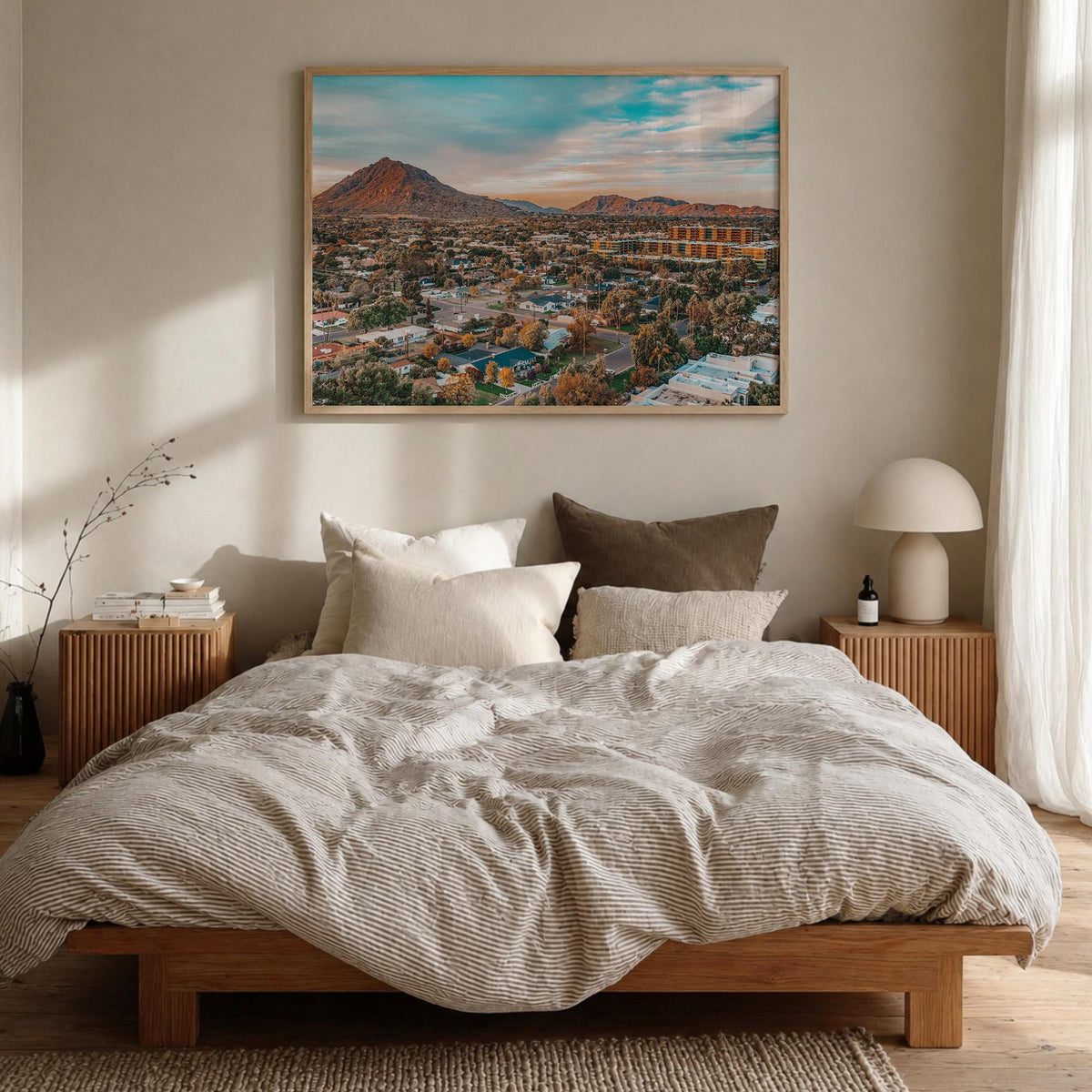 Scottsdale colorful photo poster of Arizona, USA – horizontal wall art in natural wood frame, hanging on wall