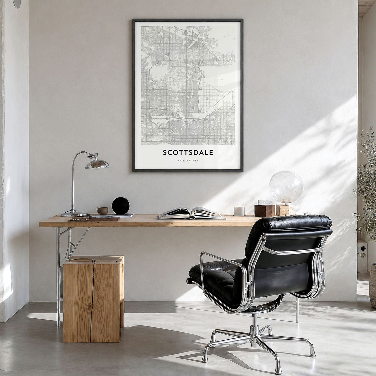 Scottsdale Map Poster in a black wood frame, hanging in a bright home office