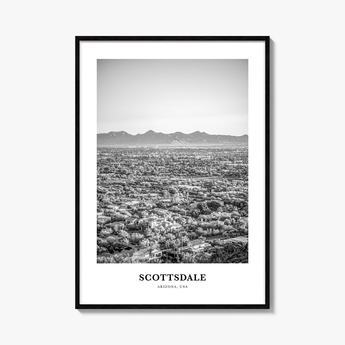 Scottsdale no. 1 black & white classic poster of Arizona, USA – vertical wall art, unframed print shown in interior mockup