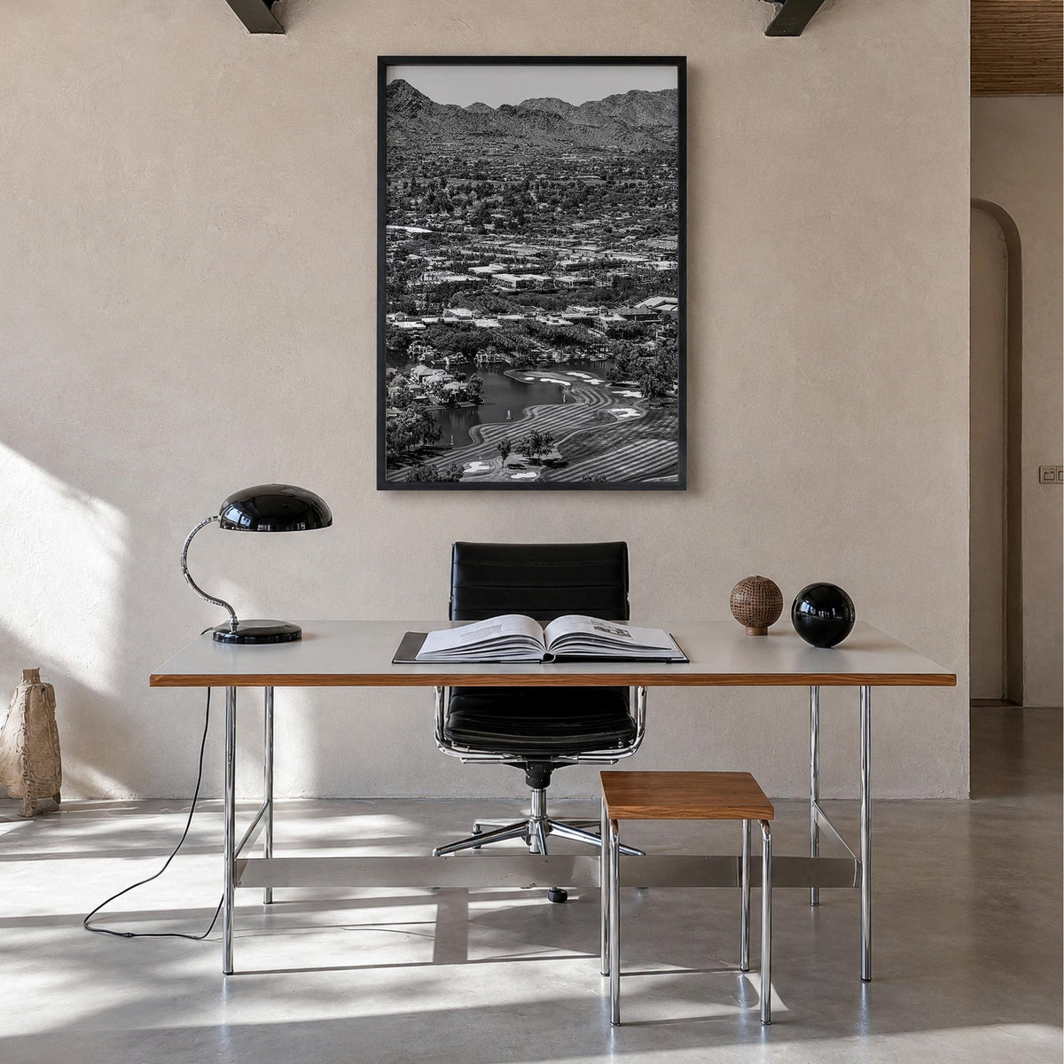 Scottsdale no. 1 black & white photo poster of Arizona, USA – vertical wall art in black wood frame, hanging on wall