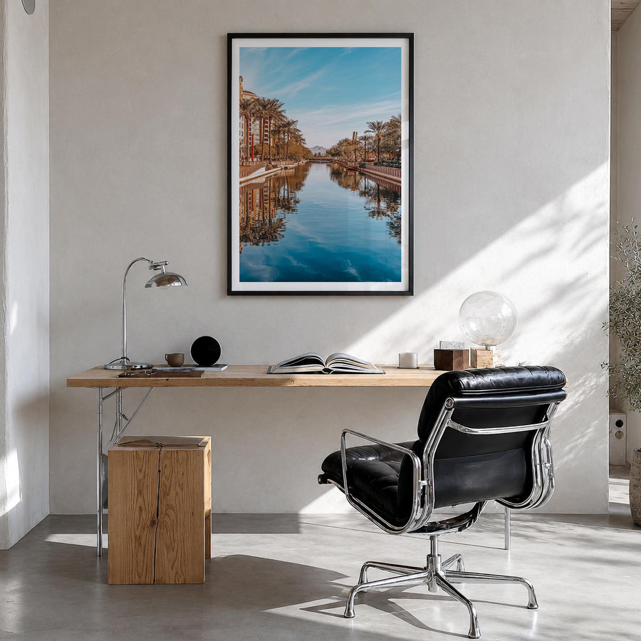 Scottsdale no. 1 colorful photo poster of Arizona, USA – vertical wall art in black wood frame with white border, hanging on 