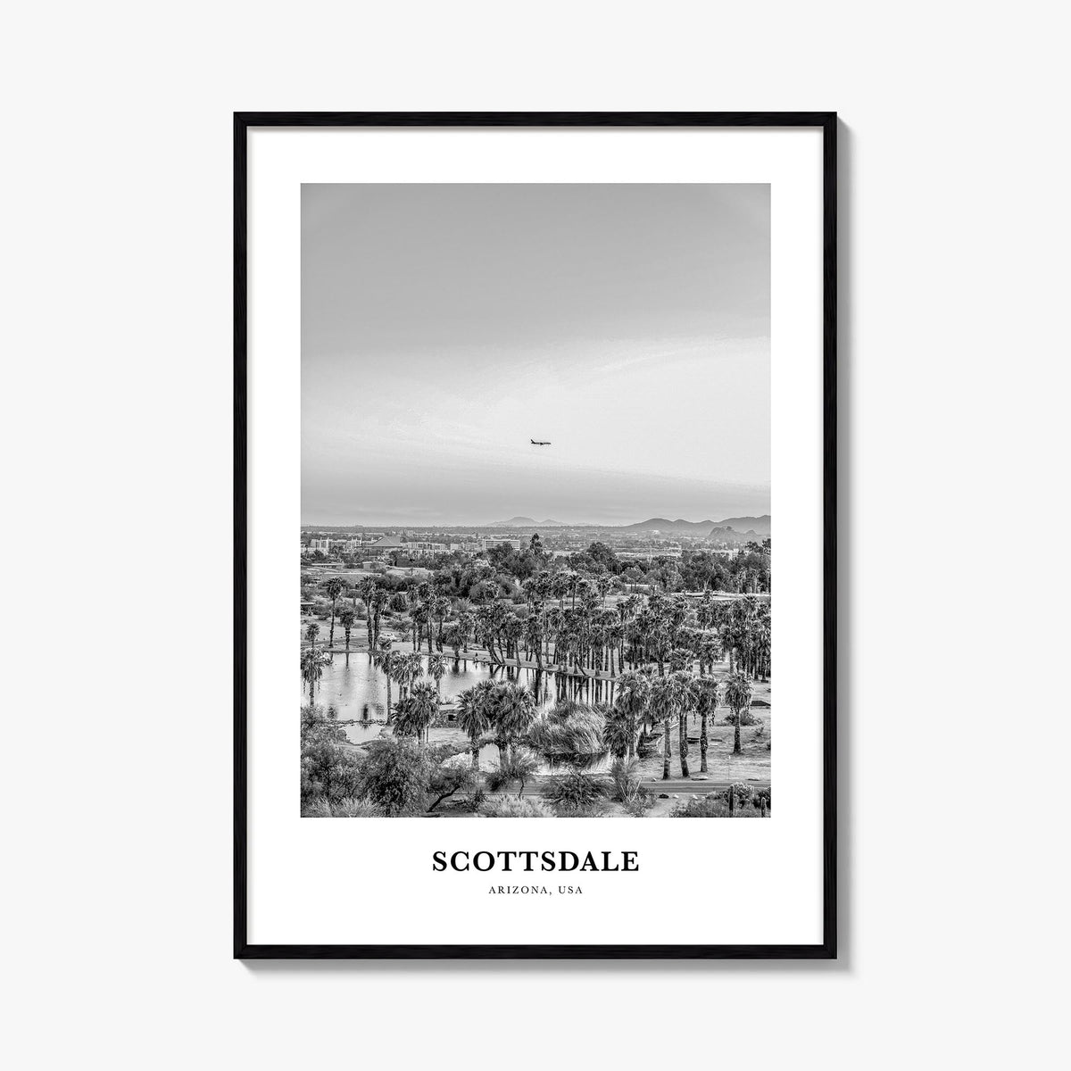 Scottsdale no. 2 black & white classic poster of Arizona, USA – vertical wall art, unframed print shown in interior mockup