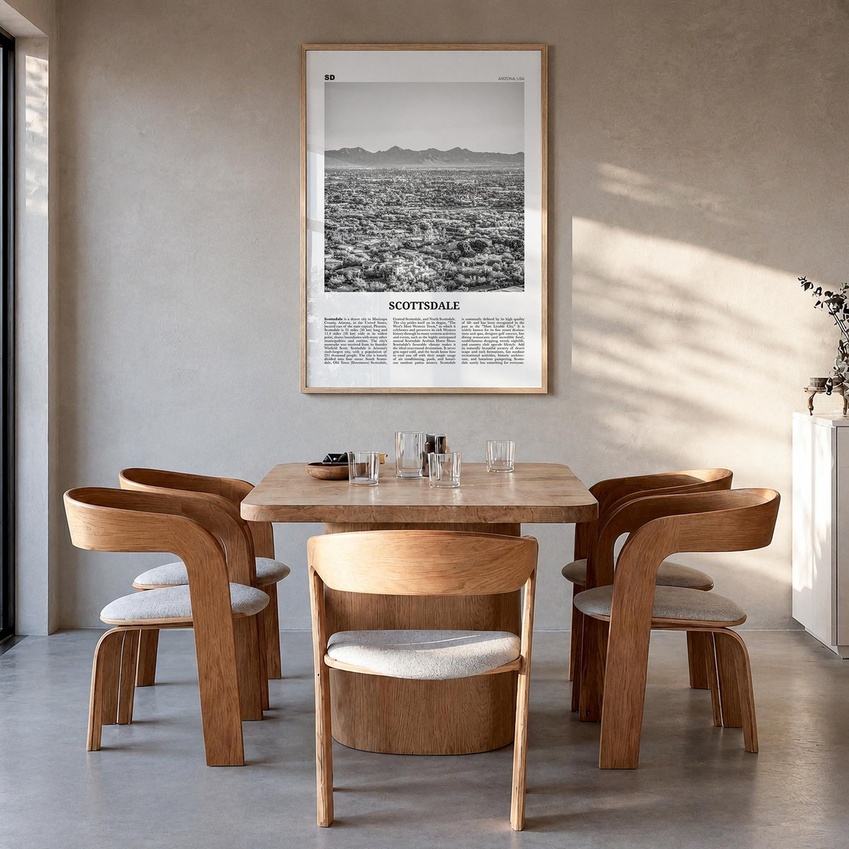 Scottsdale no. 2 black & white newspaper poster of Arizona, USA – vertical wall art in natural wood frame, hanging on wall