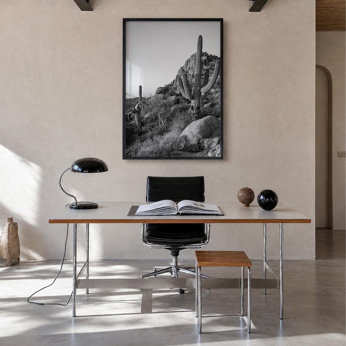 Scottsdale no. 2 black & white photo poster of Arizona, USA – vertical wall art in black wood frame, hanging on wall