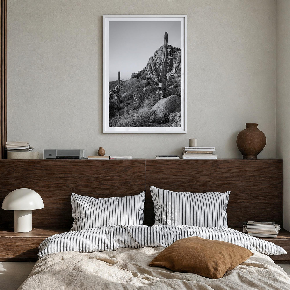 Scottsdale no. 2 black & white photo poster of Arizona, USA – vertical wall art in white wood frame with white border, hangin