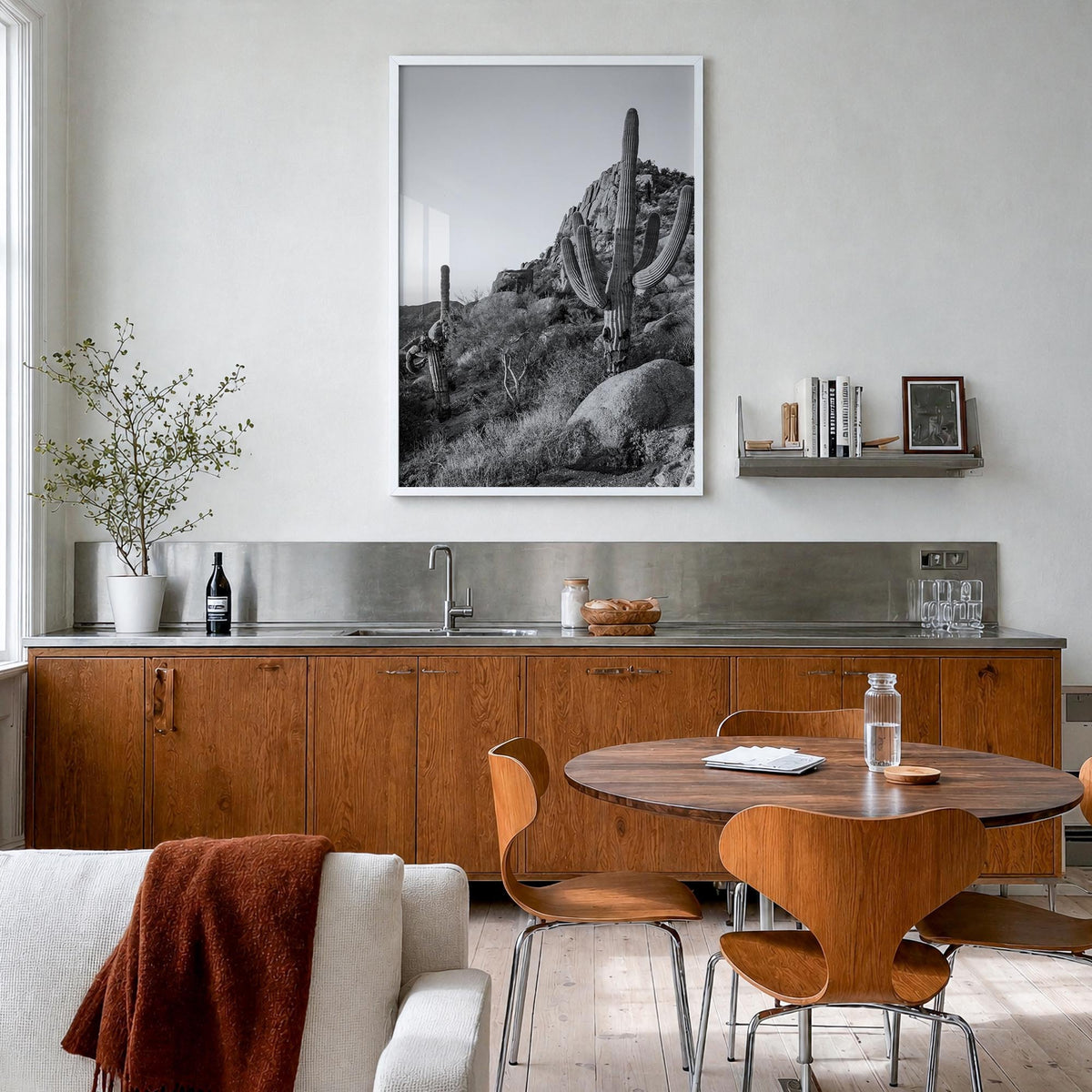 Scottsdale no. 2 black & white photo poster of Arizona, USA – vertical wall art in white wood frame, hanging on wall