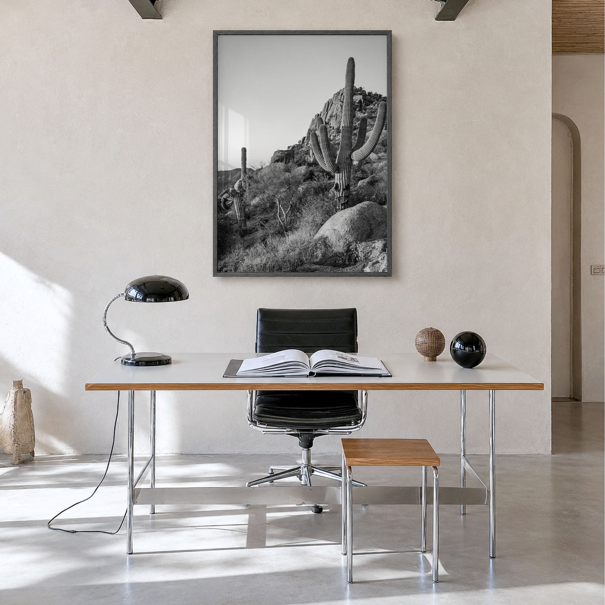 Scottsdale Photo No 2 Poster in a black wood frame, hanging in a minimalist home office, full image (no border)