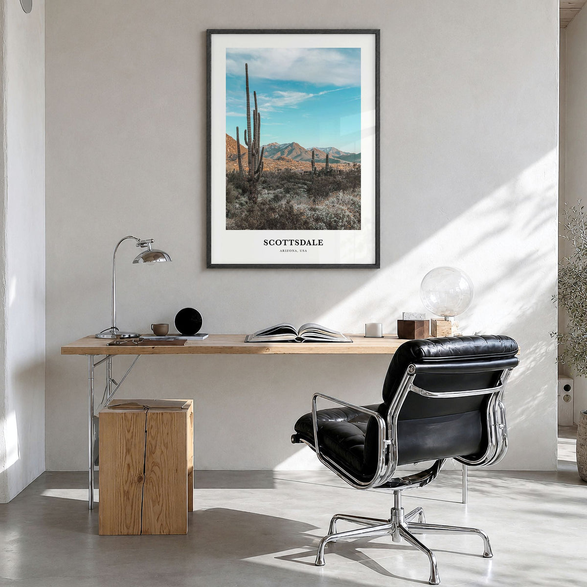Scottsdale Classic Poster in a black wood frame, hanging in a bright home office