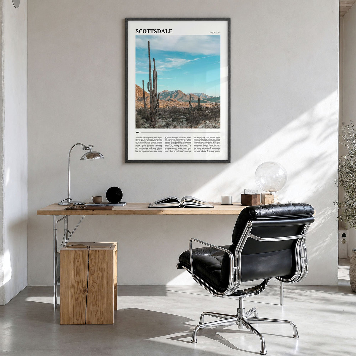 Scottsdale Travel Poster in a black wood frame, hanging in a bright home office