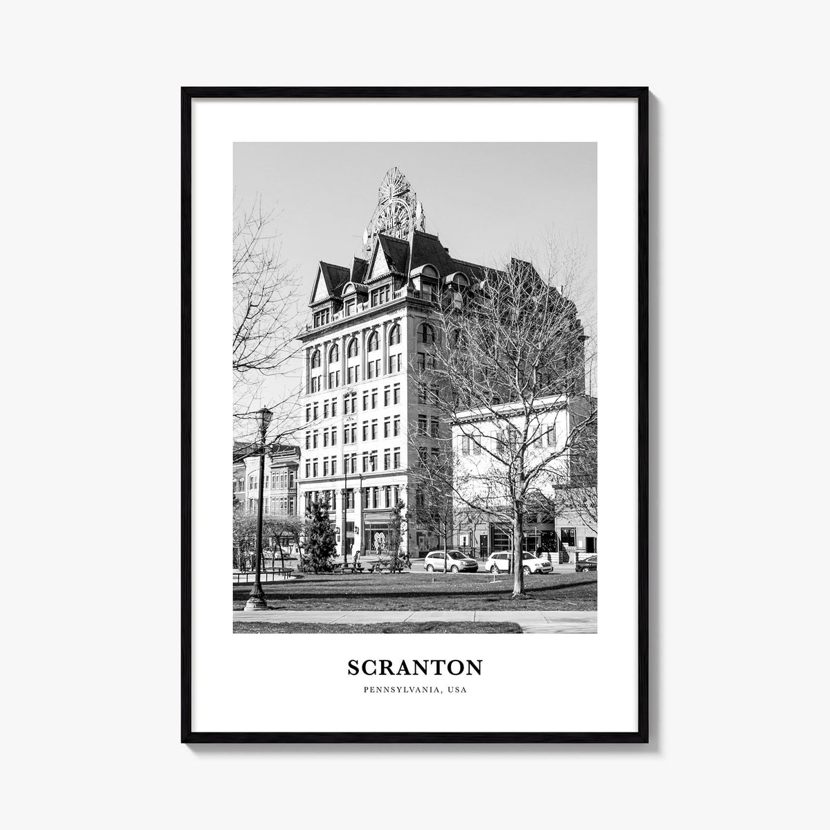 Scranton no. 1 black & white classic poster of Pennsylvania, USA – vertical wall art, unframed print shown in interior mockup
