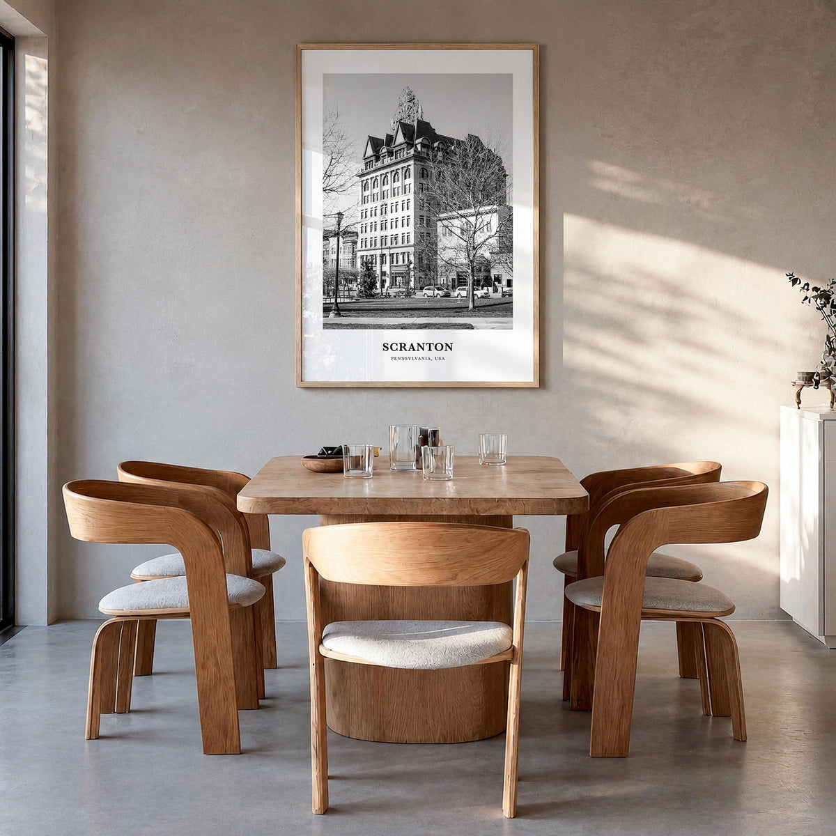 Scranton no. 1 black & white classic poster of Pennsylvania, USA – vertical wall art in natural wood frame, hanging on wall