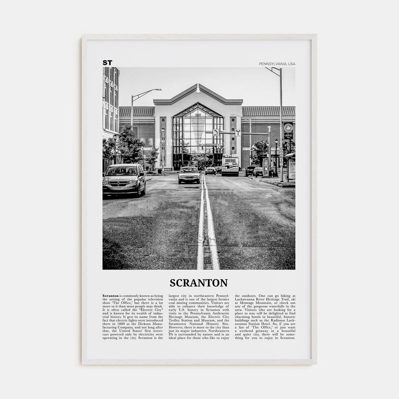 Scranton No 2 Poster White Wood / 8x12 in Nbourhood Travel B&W Poster